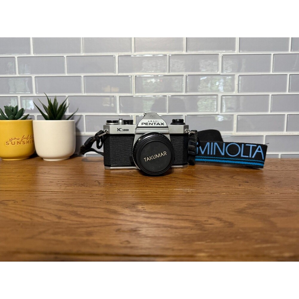 Vintage Pentax K1000 35mm Film Camera w/ Takumar Lens Cap + Minolta Strap – EC